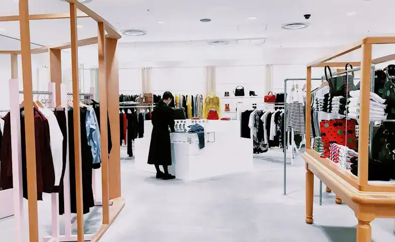 A shopper browsing through clothing racks inside a well-lit, contemporary retail store with various garments and accessories on display.