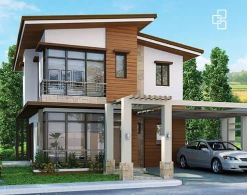 Contemporary two-storey house featuring large glass windows, wooden accents, a carport, and lush greenery in the background.