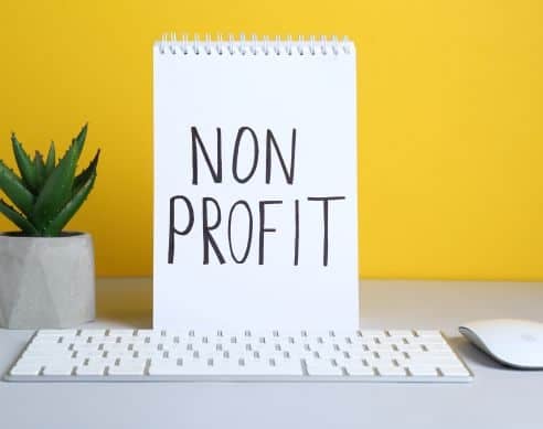 Notepad displaying "Non Profit" on a desk with a keyboard, mouse, and potted plant, set against a yellow background, representing non-profit organisation themes.