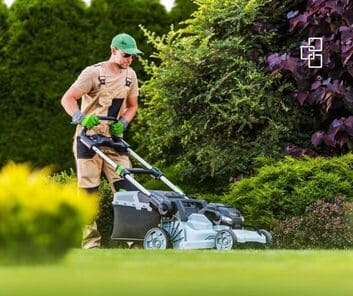 A person using a lawn mower to trim grass in a vibrant garden with green and purple foliage, demonstrating garden maintenance and landscaping activities.